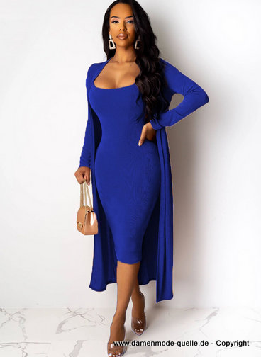 Damen Outfit Samt Figurbetontes Kleid mit lange Jacke in Blau