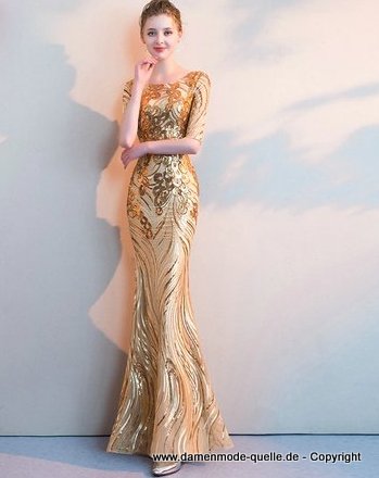 Luxus Meerjungfrau Abendkleid mit Ärmel in Gold