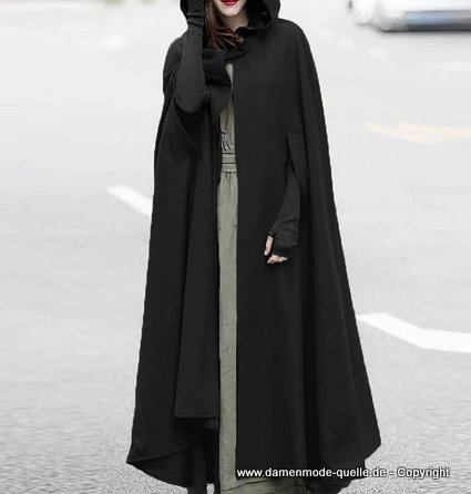 Gothic Style Poncho Cape in Schwarz Lang mit Kaputze