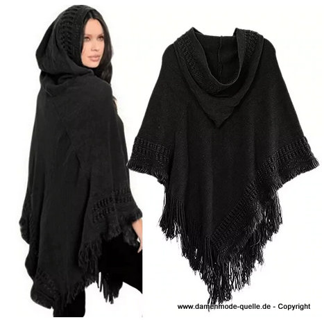 Boho Style Poncho Cape in Schwarz mit Kaputze