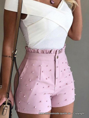 Kurze Hose mit hoher Taille in Rosa mit Perlen