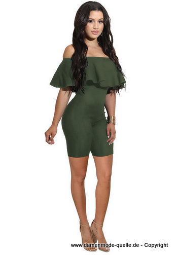Schulterfreies Sommer Jumpsuit Kurz in Khaki