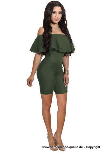 Schulterfreies Sommer Jumpsuit Kurz in Khaki