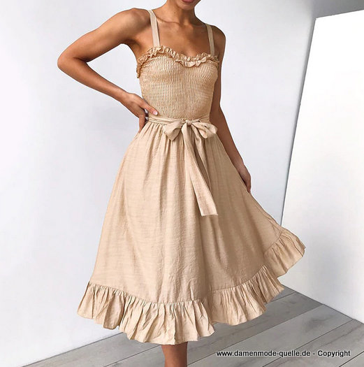 Spaghettiträger Maxi Sommerkleid in Beige Wadenlang