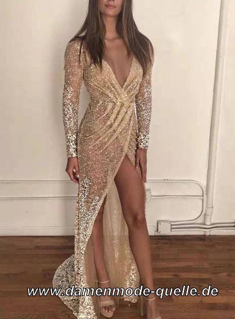 Sexy Langarm Glitzer Cut Out Abendkleid Gold