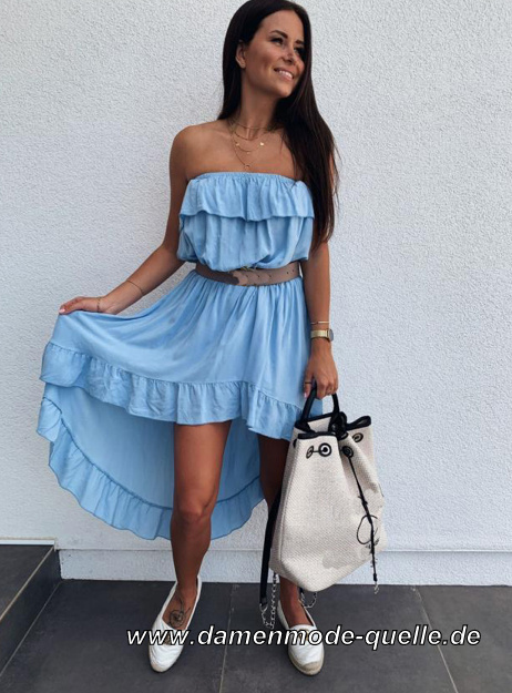 Schulterfreies Rüschen Vokuhila Sommerkleid Blau