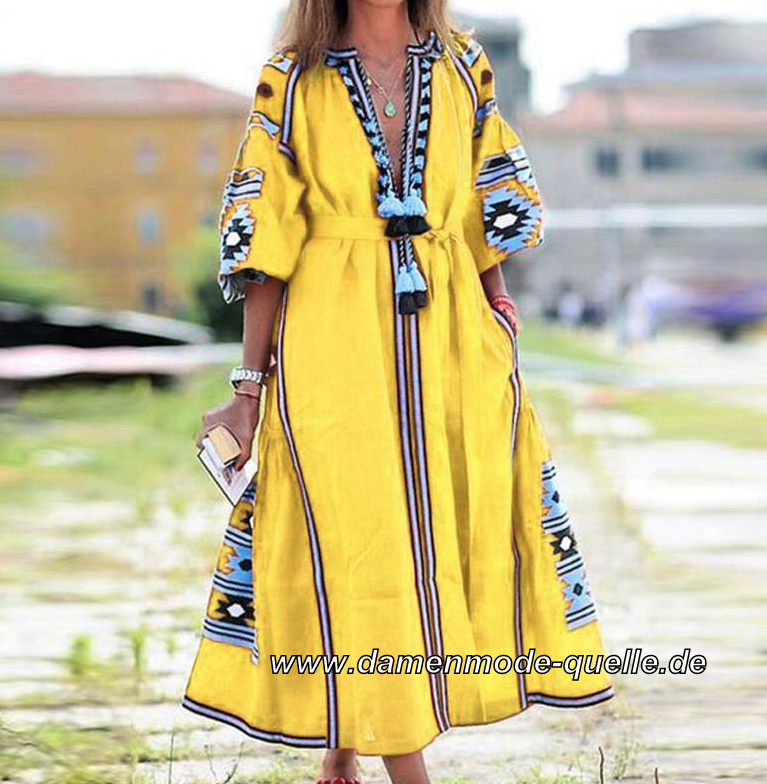 Boho Style Langarm Kleid mit V Ausschnitt in Gelb