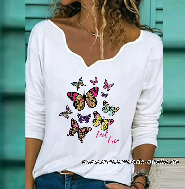 Langarm Damen Shirt in Weiß mit Schmetterlinge