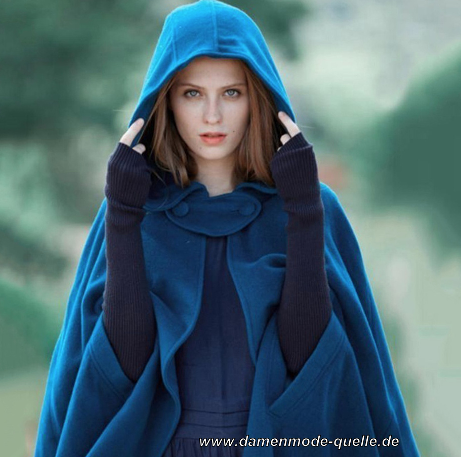 Vintage Style Wintermantel Cape mit Kapuze in Blau