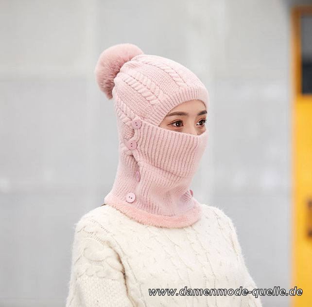 Damen Strick Wintermütze mit Maske in Rosa