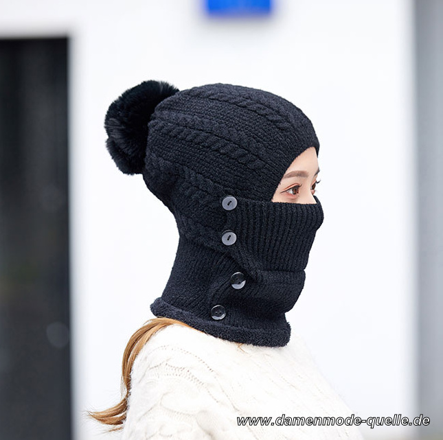 Damen Strick Wintermütze mit Maske in Schwarz