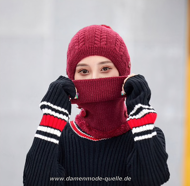 Damen Strick Wintermütze mit Maske in Weinrot
