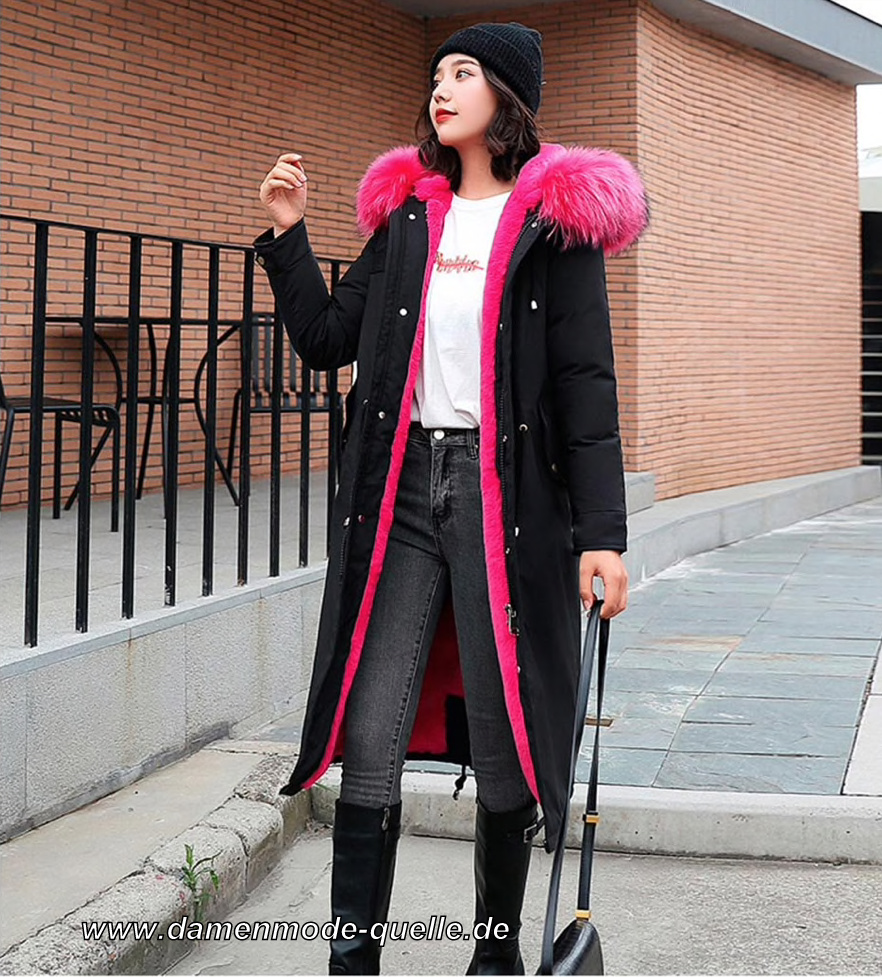 Warme Lange Wintermantel für Damen in Schwarz Pink mit Kunstpelz