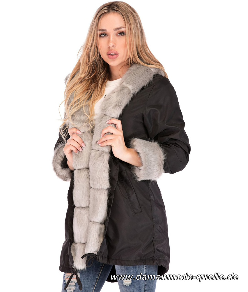 Warme Winter Jacke mit Kapuze für Damen Schwarz