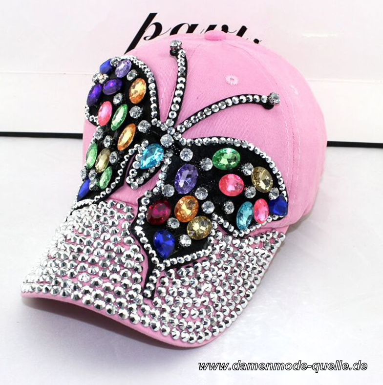 Baseball Cap für Damen in Rosa mit Diamanten Schmetterling