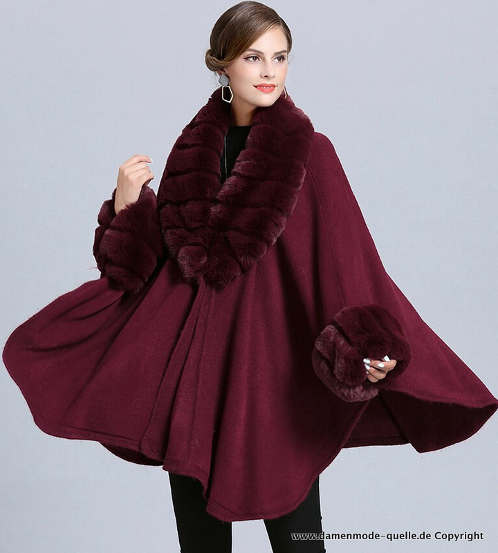 Elegantes Damen Poncho Capes mit Kunstpelz Krage in Rot