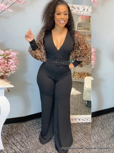 Plus Size Curvy Jumpsuit Overall in Schwarz mit Laternen Ärmel