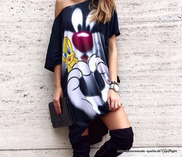 Cartoon Print One Shoulder Sommerkleid Kurz