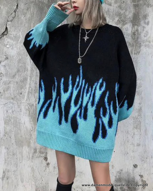 Oversize Damen Flammen Print Pullover 2021 Schwarz Blau