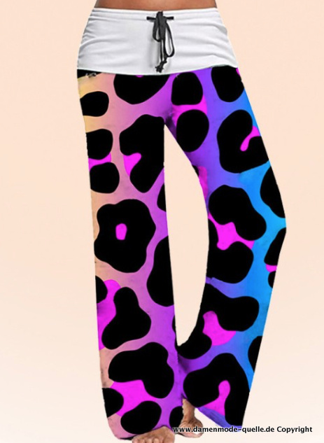 Print Damen Hose mit hoher Taille und weitem Bein Lila Leopard Print