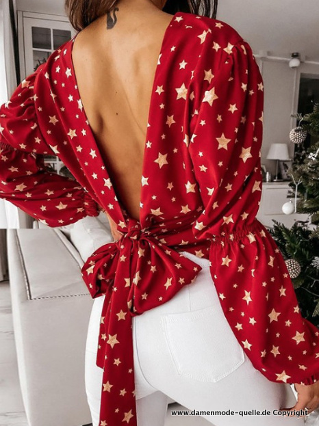 Sternen Print Langarm Bluse mit Sexy Rücken Ausschnitt