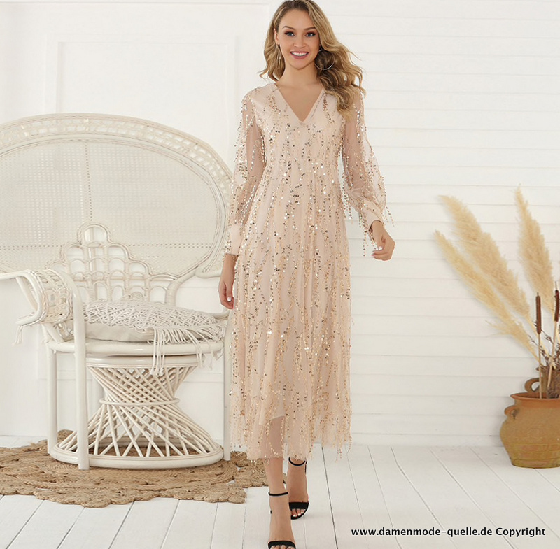 Elegantes Sommerkleid mit Pailletten Langarm in Beige