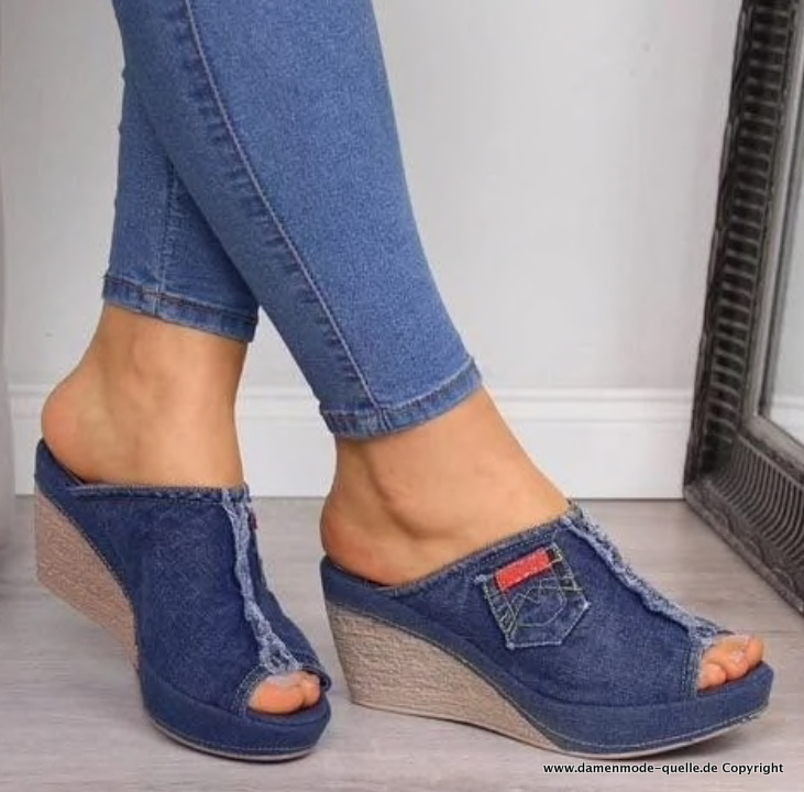 Damen Keil Plateau Sommer Jeans Sandaletten in Blau