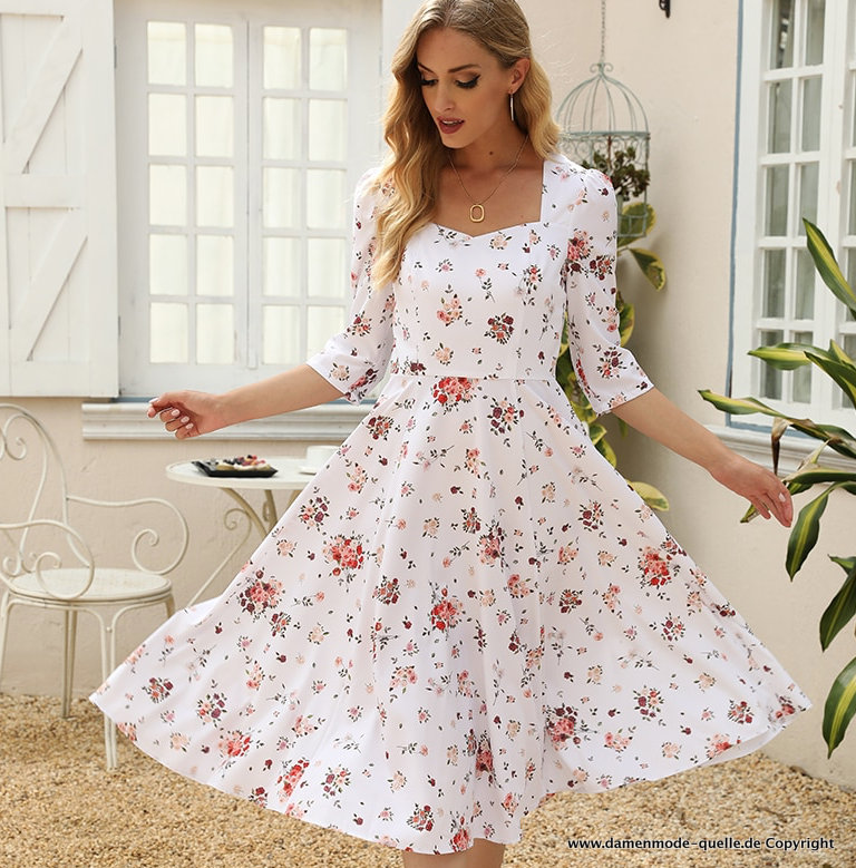 Süsses A Linie Maxi Sommerkleid in Weiß mit Blumenmuster