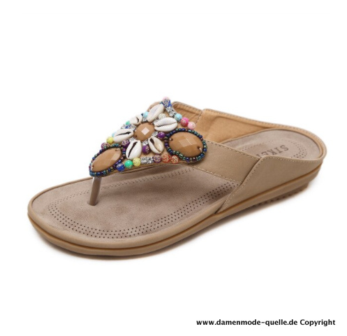 Damen Sea Shell Sandalen Sommer Flip-Flops in Beige