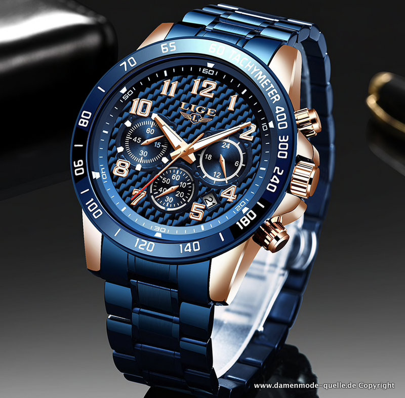 Chronograph Quarz Armbanduhr Blau Gold