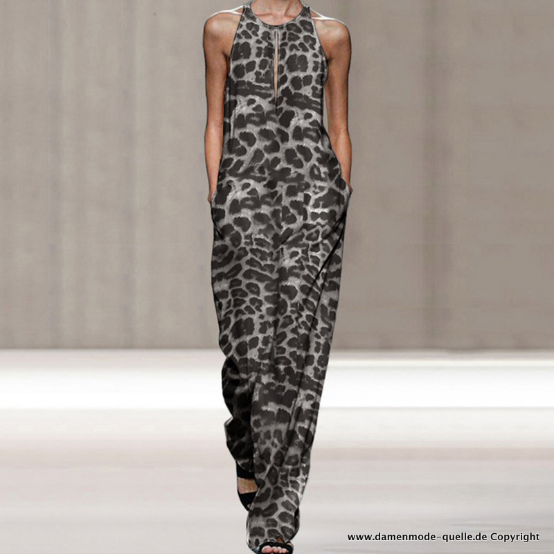 Leopard Print Sommer Overall Langes Jumpsuit in Silber