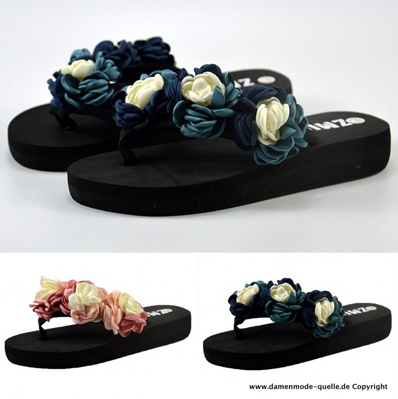 Sommerschuhe Damen Flip Flops mit Blumen in Blau oder Rosa