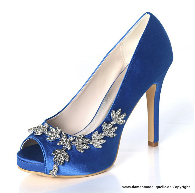 High Heels Plateau Satin Abendschuhe in Blau mit Strass Applikationen