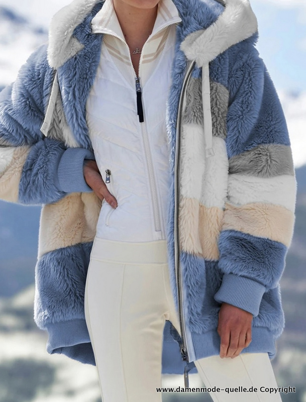 Winter Warme Patchwork Plüsch Damenjacke in Blau bis 4XL