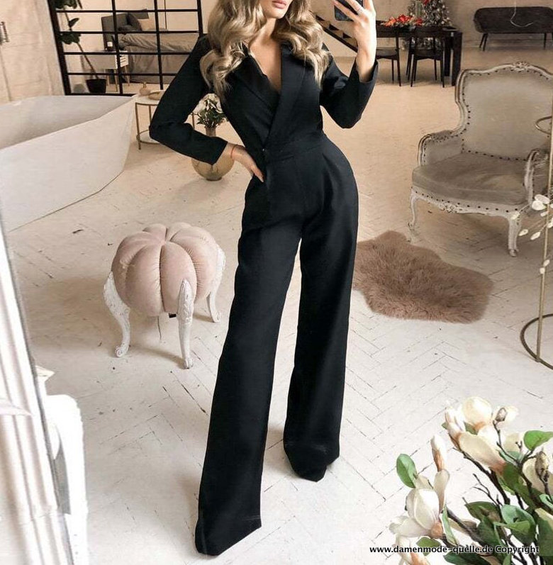 Bodycon Overall Jumpsuit Einteiler in Schwarz mit Reverskragen