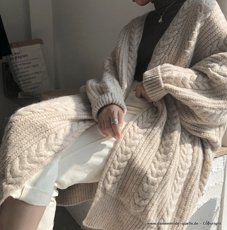 Damen Woll Cardigan Strickjacke Lang in Creme