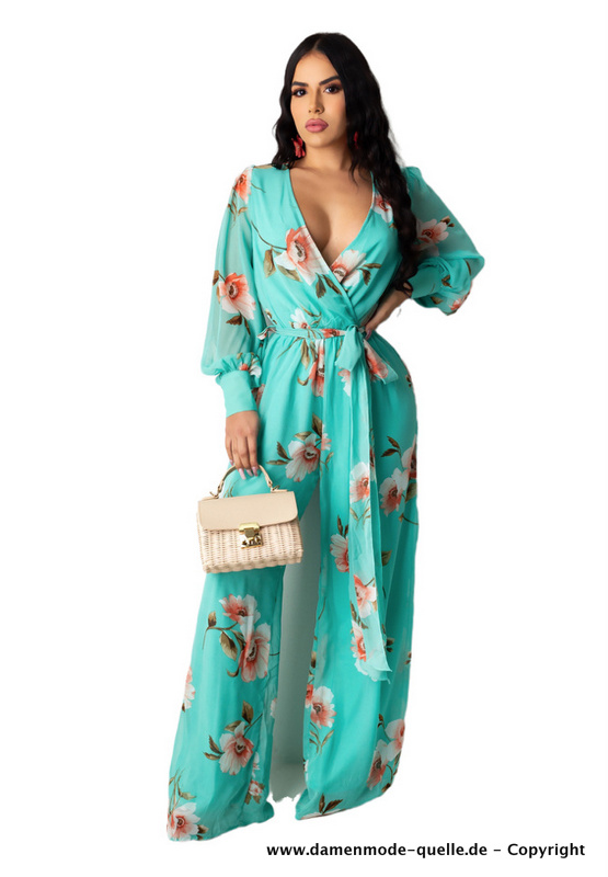 Bohostyle Overall Jumpsuit Einteiler in Grün mit Blumenmuster