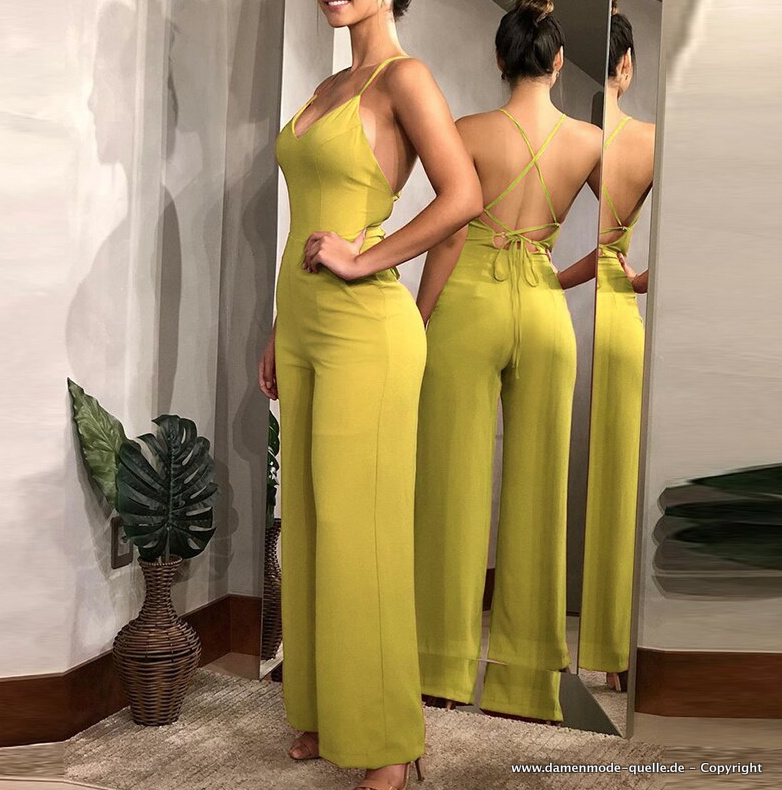 Spaghetti Kreuzträger Overall Jumpsuit Elegant Lang in Ockergelb