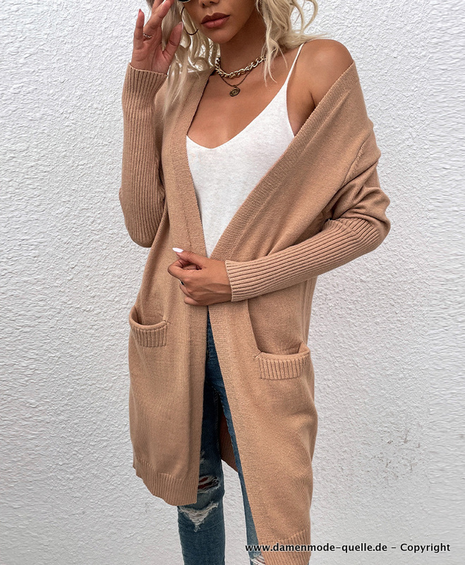 Damen Cardigan Strickjacke Einfarbig mit Taschen in Hellbraun