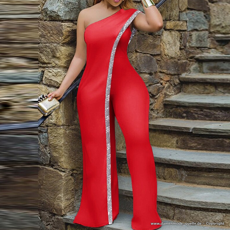 One Shoulder Jumpsuit Einteiler Lang in Rot mit Pailletten