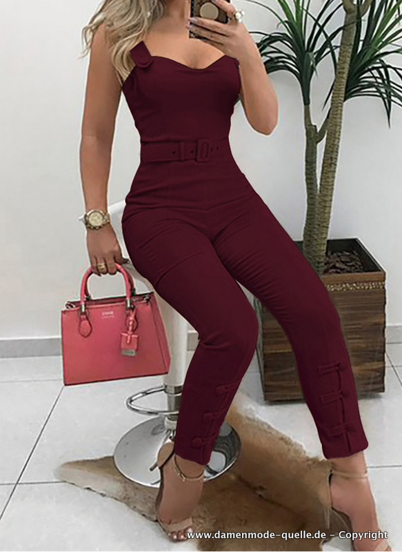Sommer Overall Bodycon Jumpsuit Einteiler Lang in Weinrot