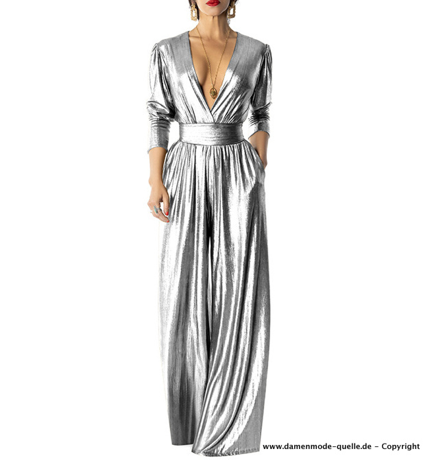 Glitzer Metallic Jumpsuit Einteiler Overall Lang in Silber mit Sexy V Ausschnitt