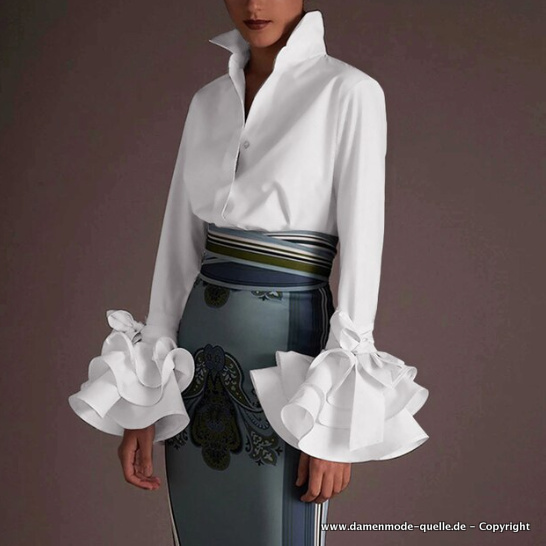 Damen Bluse Elegant in Weiß mit Rüschen Ärmel