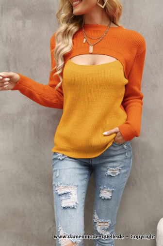 Sexy Cut Out Strick Pullover in Orange Gelb