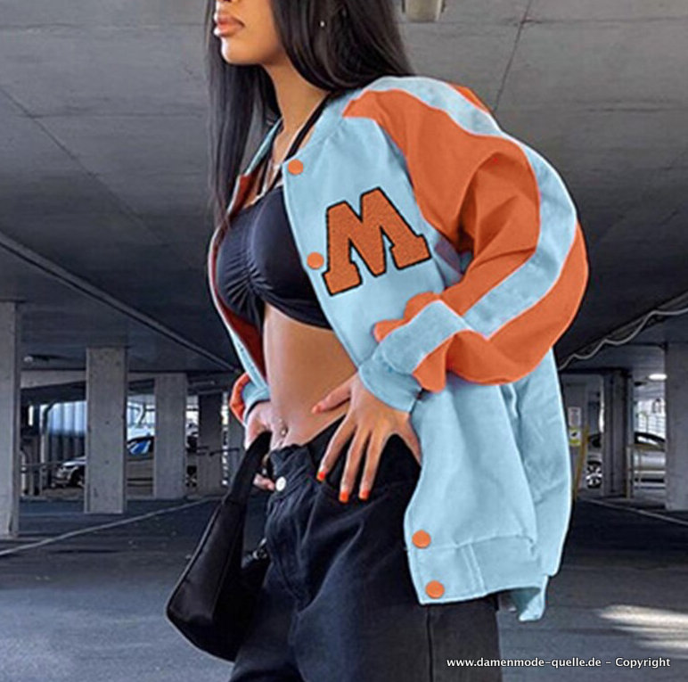 Damen Baseballjacke Patchwork Übergangsjacke in Orange Blau