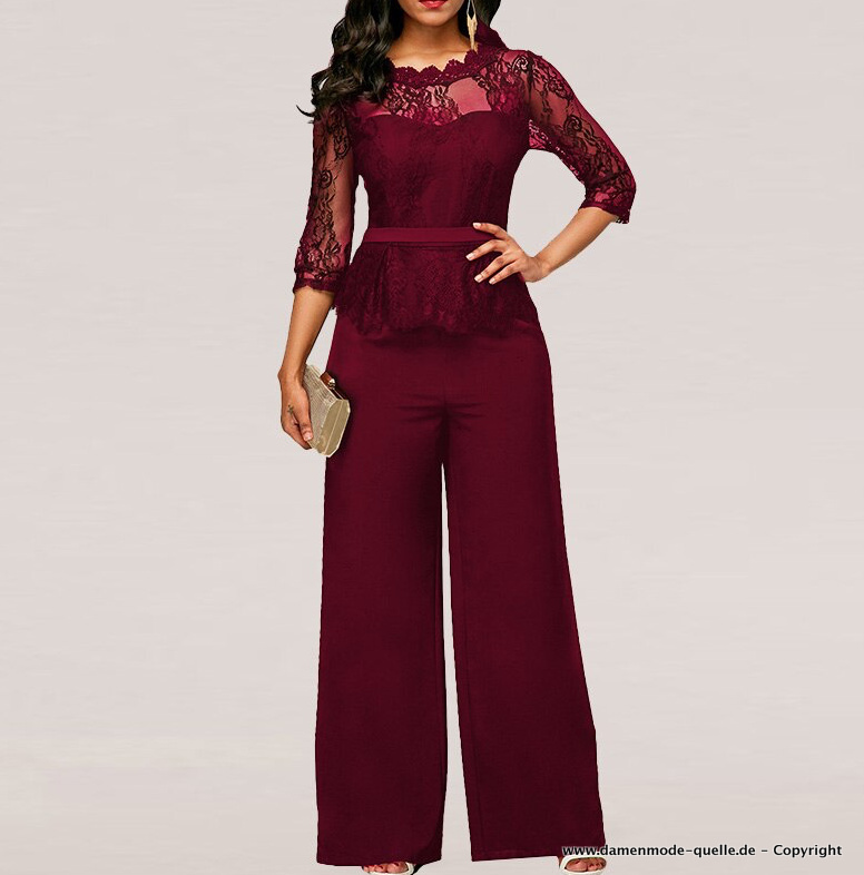 Damen Onepice Overall Elegant mit Spitze in Dunkelrot Weinrot