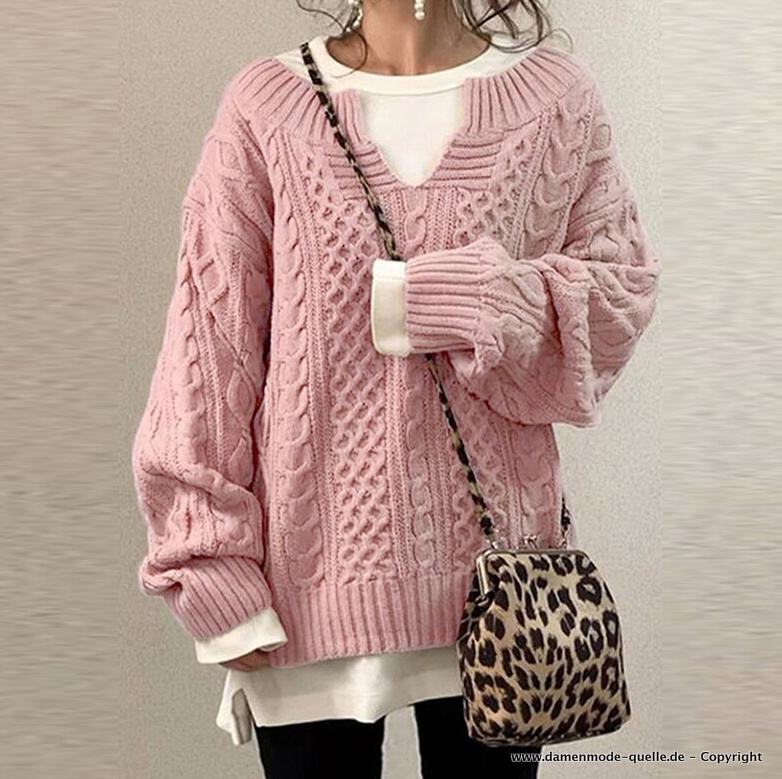 Damen Twist Strick Pullover mit V Ausschnitt in Rosa