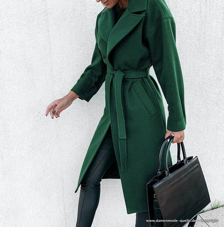 Eleganter Damen Wollmantel mit Gürtel in Grün
