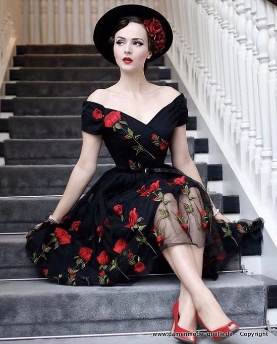A Linie Rockabilly Style Kleid Elegant mit Rote Rosen Schwarz