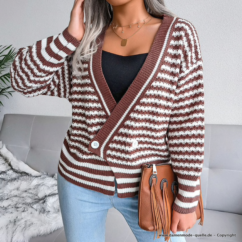 Herbst Frühjahr Pullover Strickjacke Gestreift Braun